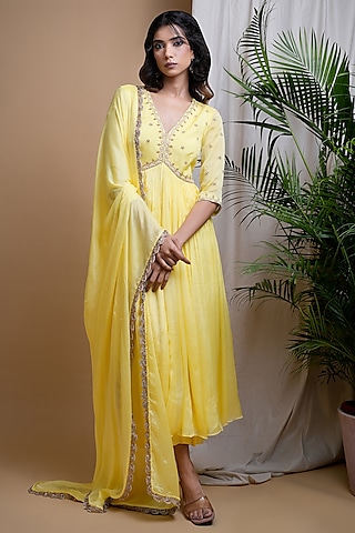 Bright Yellow Chinon Chiffon Zari Hand Embroidered Anarkali set by AHI CLOTHING