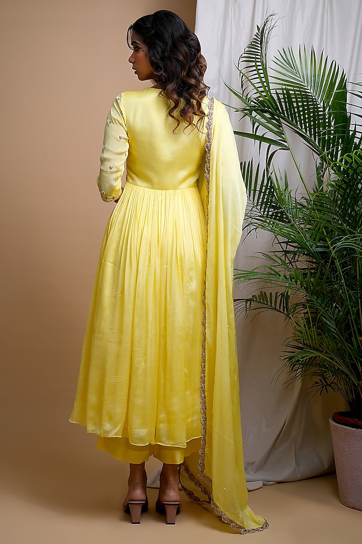 Bright Yellow Chinon Chiffon Zari Hand Embroidered Party Wear Anarkali set by AHI CLOTHING at Pernia's Pop Up Shop