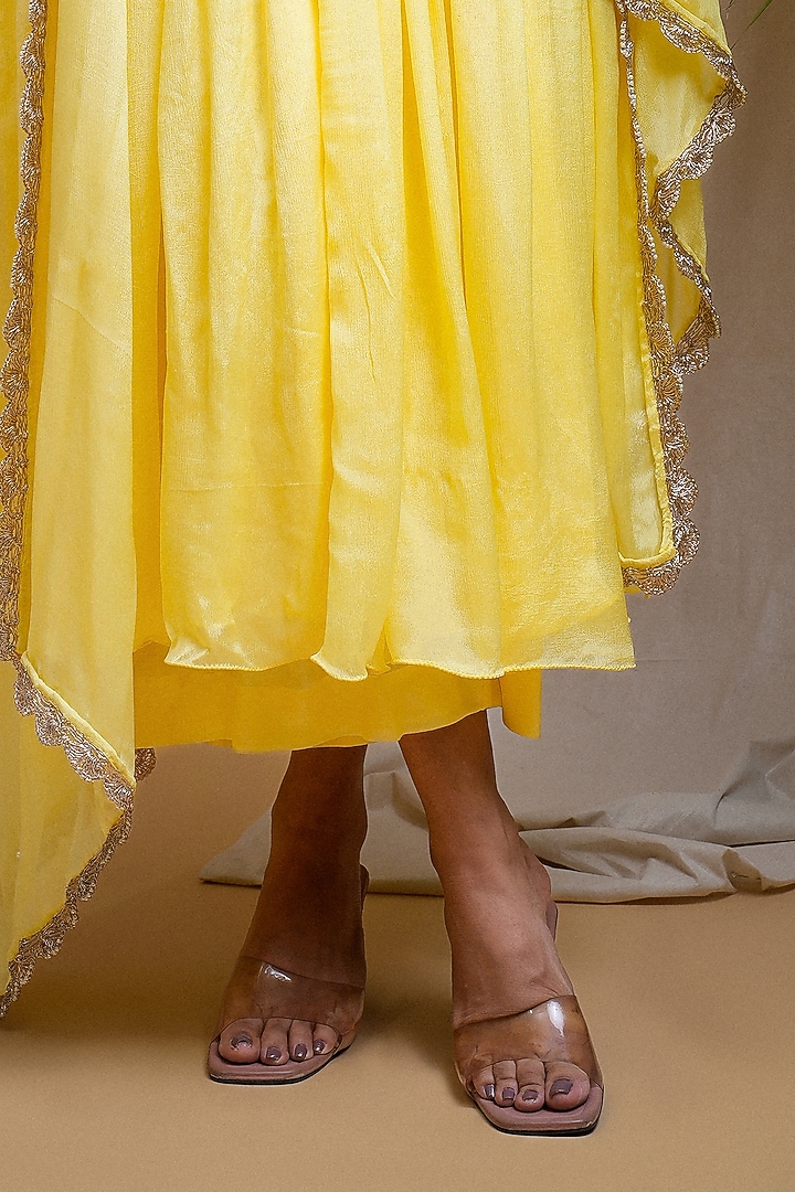 Bright Yellow Chinon Chiffon Zari Hand Embroidered Party Wear Anarkali set by AHI CLOTHING at Pernia's Pop Up Shop