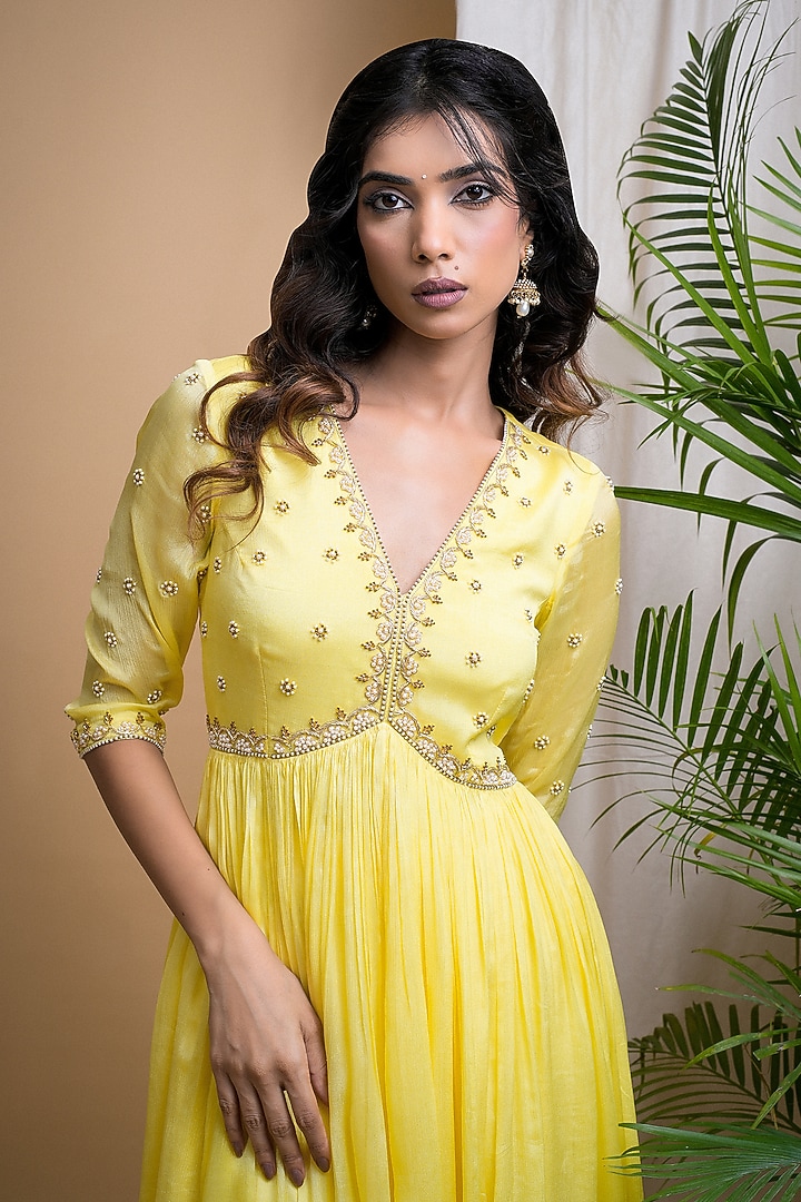 Bright Yellow Chinon Chiffon Zari Hand Embroidered Party Wear Anarkali set by AHI CLOTHING at Pernia's Pop Up Shop