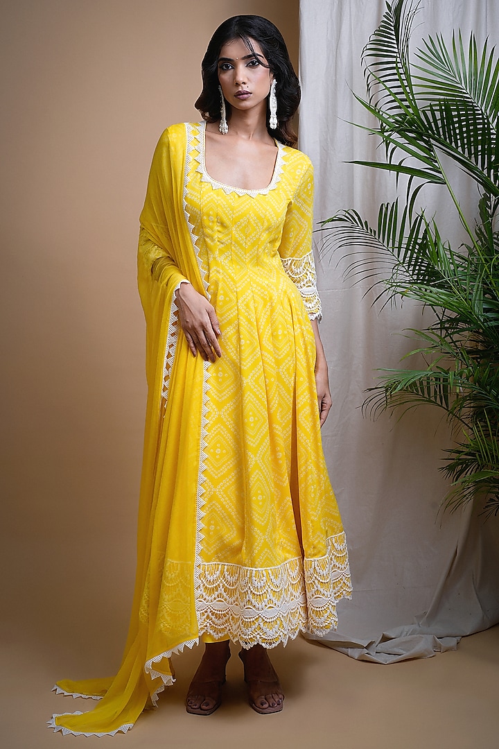 Yellow Heavy Georgette Bandhani Printed & Embroidered Anarkali Set by AHI CLOTHING at Pernia's Pop Up Shop