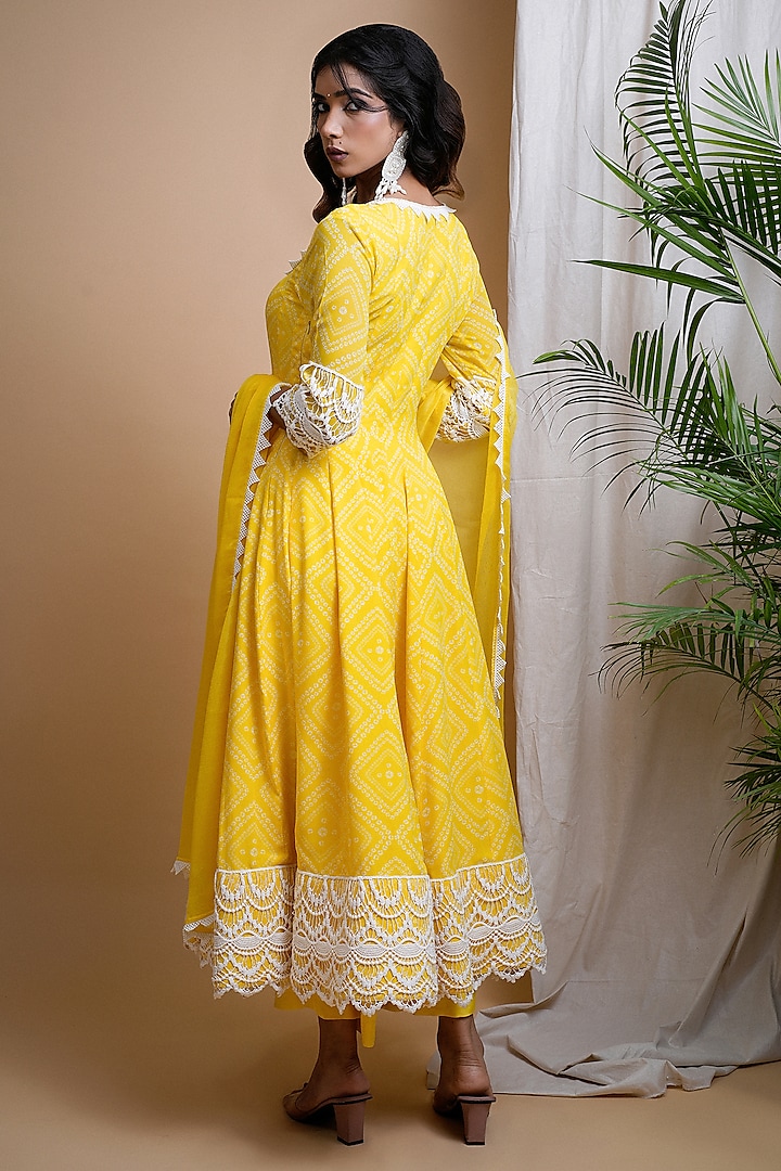 Yellow Heavy Georgette Bandhani Printed & Embroidered Party Wear Anarkali Set by AHI CLOTHING at Pernia's Pop Up Shop