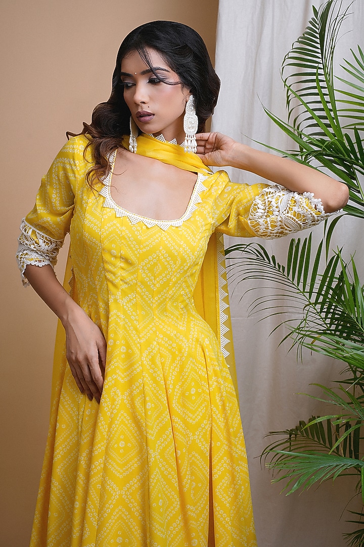 Yellow Heavy Georgette Bandhani Printed & Embroidered Party Wear Anarkali Set by AHI CLOTHING at Pernia's Pop Up Shop