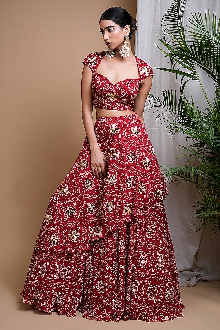 Red Heavy Georgette Bandhani Printed & Mirror Embroidered Lehenga Set by AHI CLOTHING at Pernia's Pop Up Shop