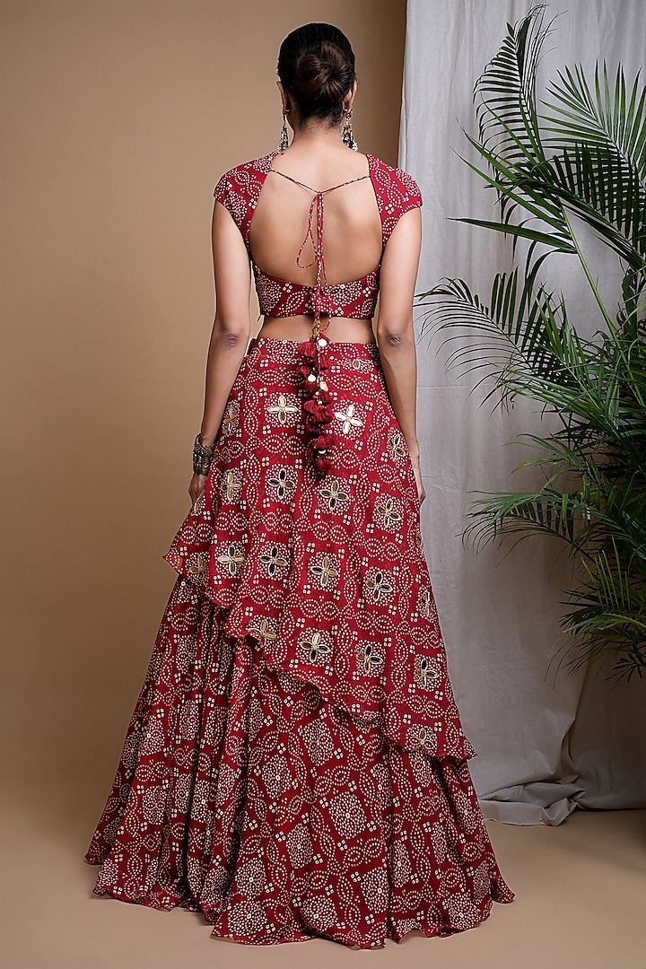 Red Heavy Georgette Bandhani Printed & Mirror Embroidered Wedding Lehenga Set by AHI CLOTHING at Pernia's Pop Up Shop