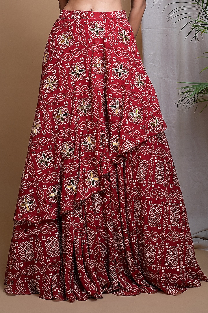 Red Heavy Georgette Bandhani Printed & Mirror Embroidered Wedding Lehenga Set by AHI CLOTHING at Pernia's Pop Up Shop