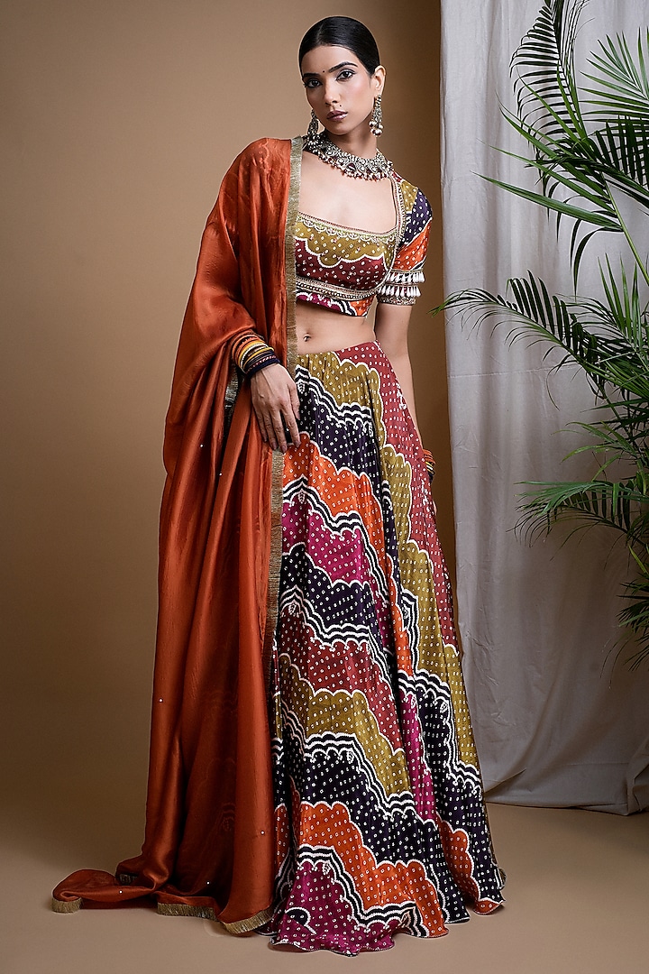 Multi-Colored Heavy Crepe Digital Printed Wedding Lehenga Set by AHI CLOTHING at Pernia's Pop Up Shop