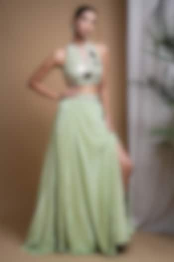 Pastel Pistachio Green Heavy Crepe Mirror & Moti Embroidered Lehenga Set by AHI CLOTHING at Pernia's Pop Up Shop