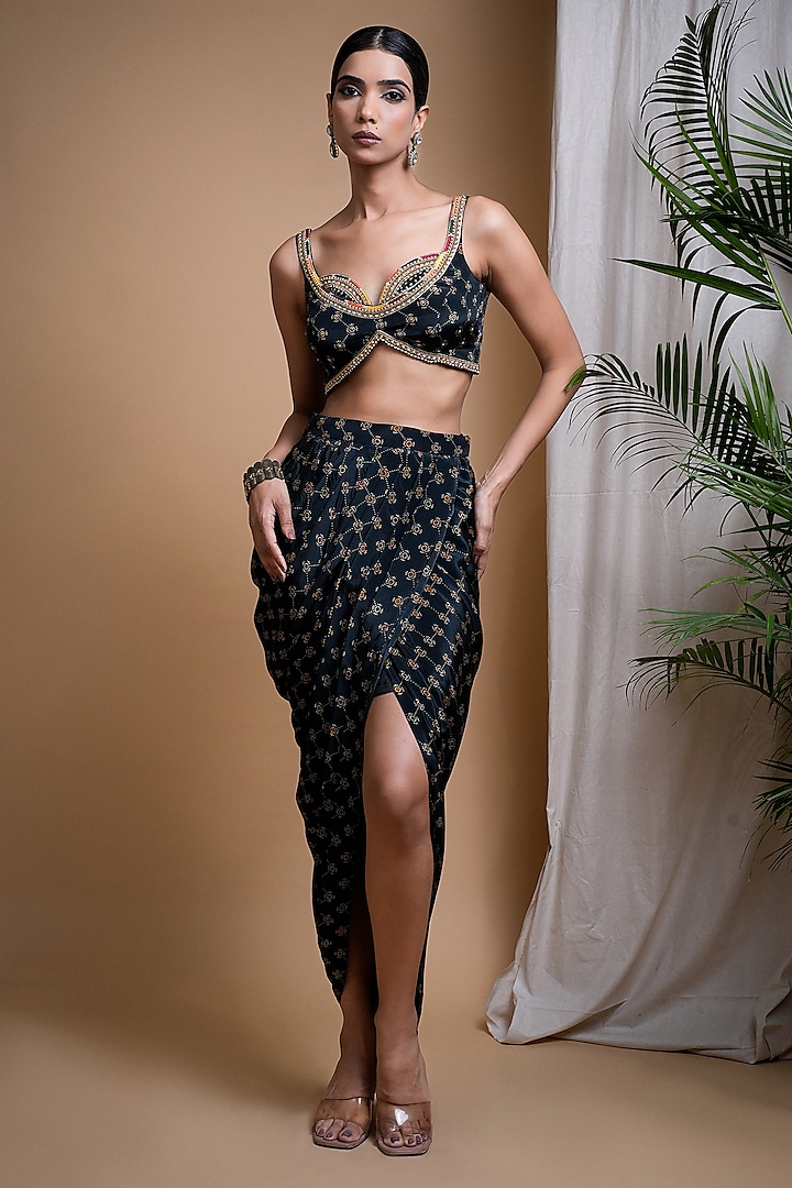 Bottle Green Heavy Crepe Digital Printed Draped Skirt Set by AHI CLOTHING at Pernia's Pop Up Shop