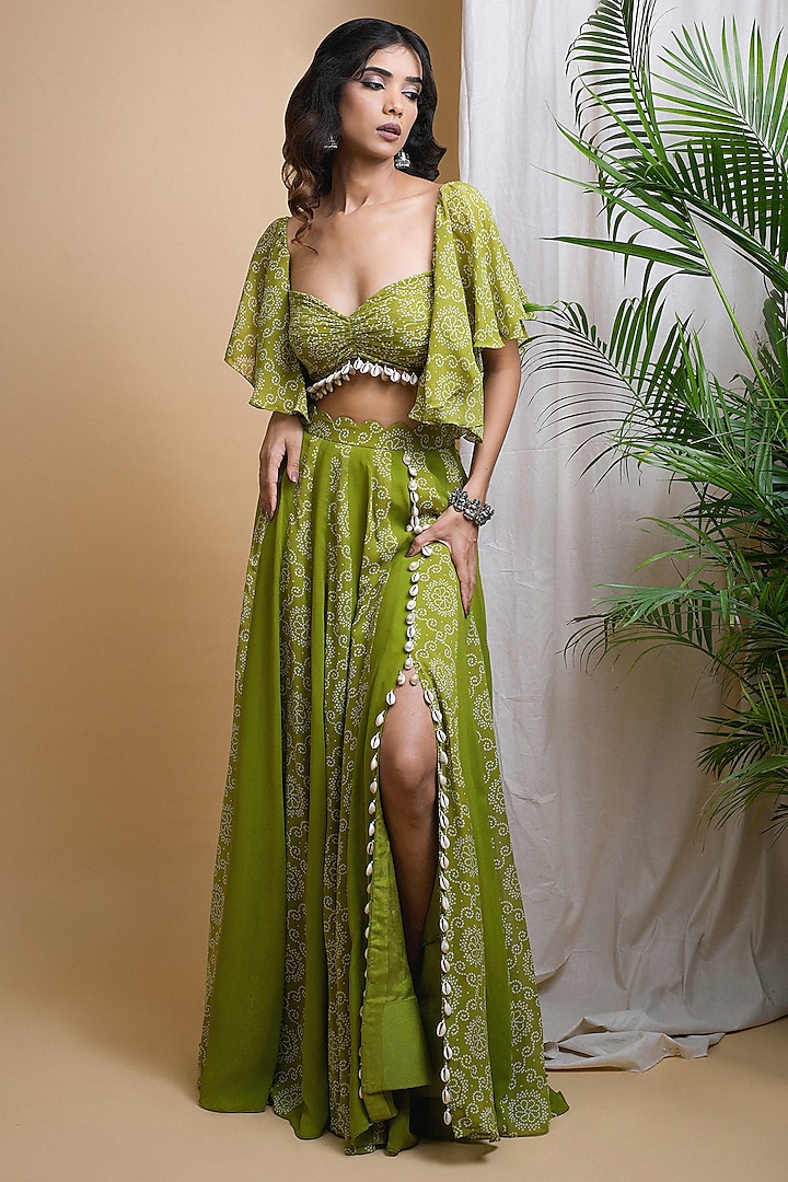 Green Heavy Georgette Digital Printed Skirt Set by AHI CLOTHING at Pernia's Pop Up Shop