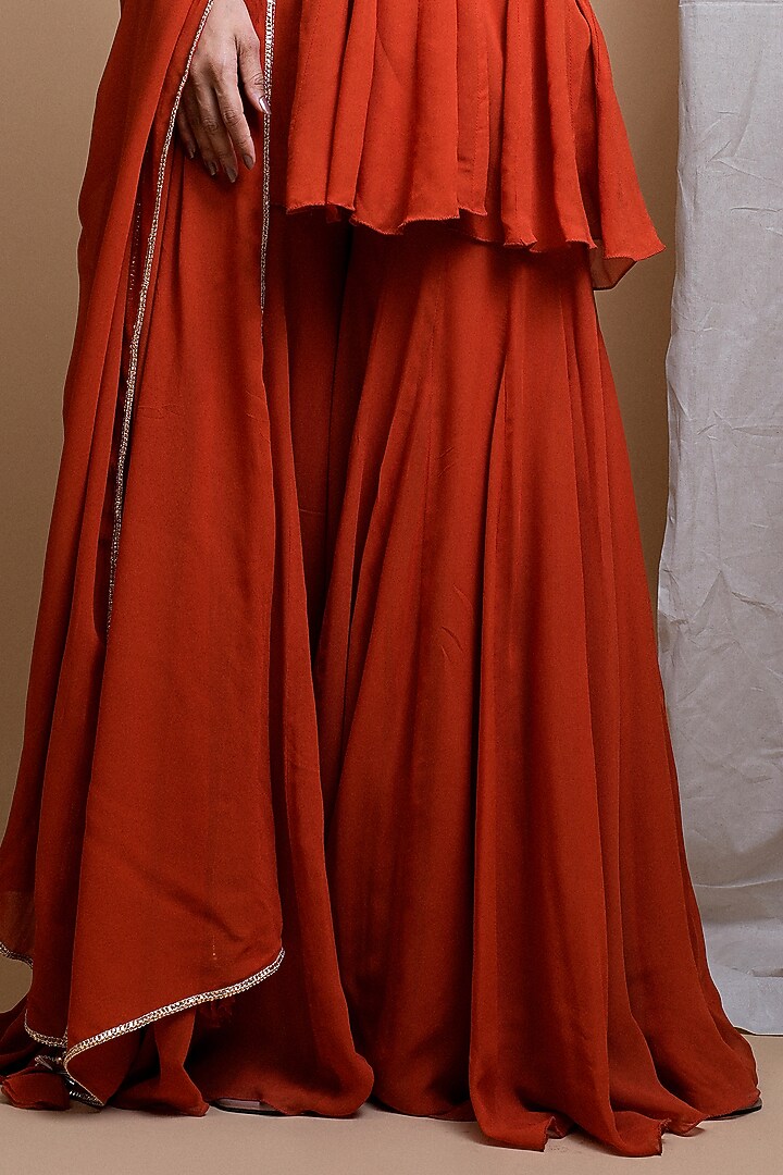 Rust Orange Heavy Georgette Resham & Zari Hand Embroidered Kurta Set by AHI CLOTHING at Pernia's Pop Up Shop