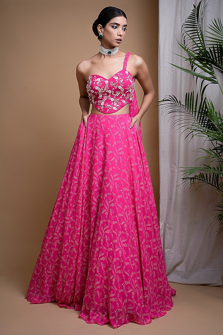 Hot Pink Heavy Georgette Digital Printed Lehenga Set by AHI CLOTHING at Pernia's Pop Up Shop