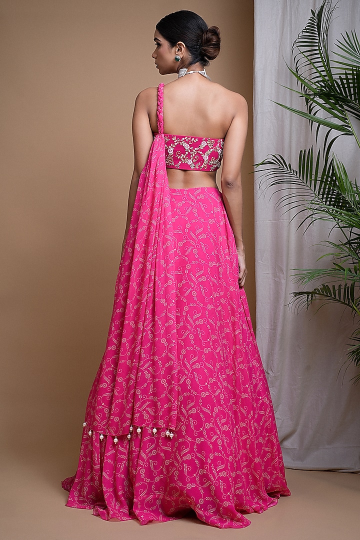 Hot Pink Heavy Georgette Digital Printed Wedding Lehenga Set by AHI CLOTHING at Pernia's Pop Up Shop