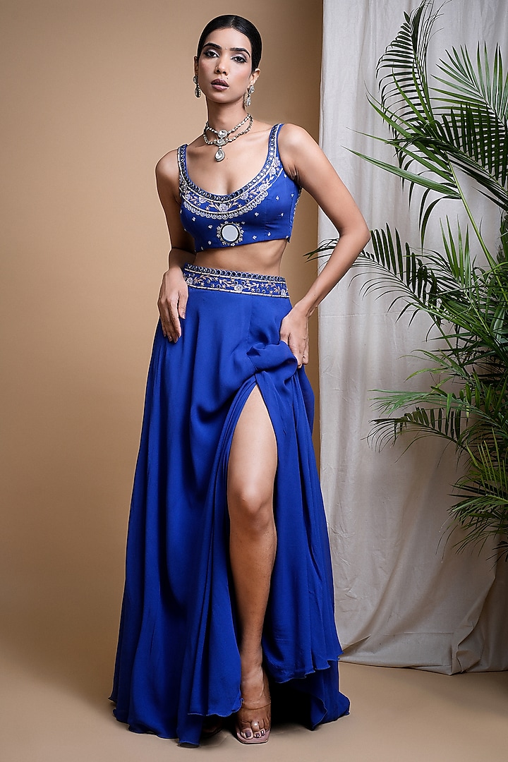 Royal Blue Heavy Georgette Embroidered Wedding Lehenga Set by AHI CLOTHING at Pernia's Pop Up Shop