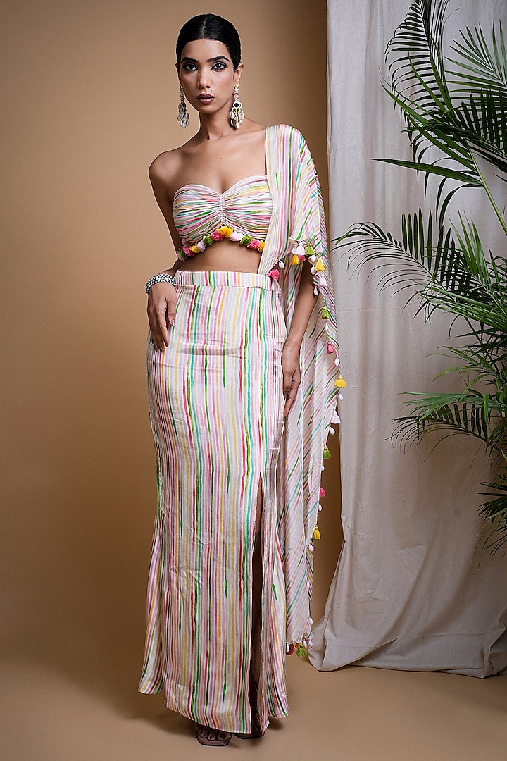 Multi-Colored Heavy Georgette Stripes Printed Draped Skirt Set by AHI CLOTHING at Pernia's Pop Up Shop