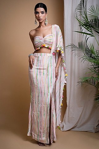 Multi-Colored Heavy Georgette Stripes Printed Draped Skirt Set by AHI CLOTHING