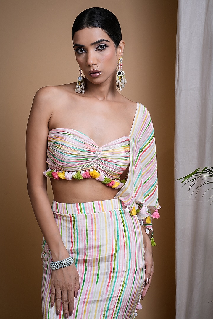 Multi-Colored Heavy Georgette Stripes Printed Draped Skirt Set by AHI CLOTHING at Pernia's Pop Up Shop