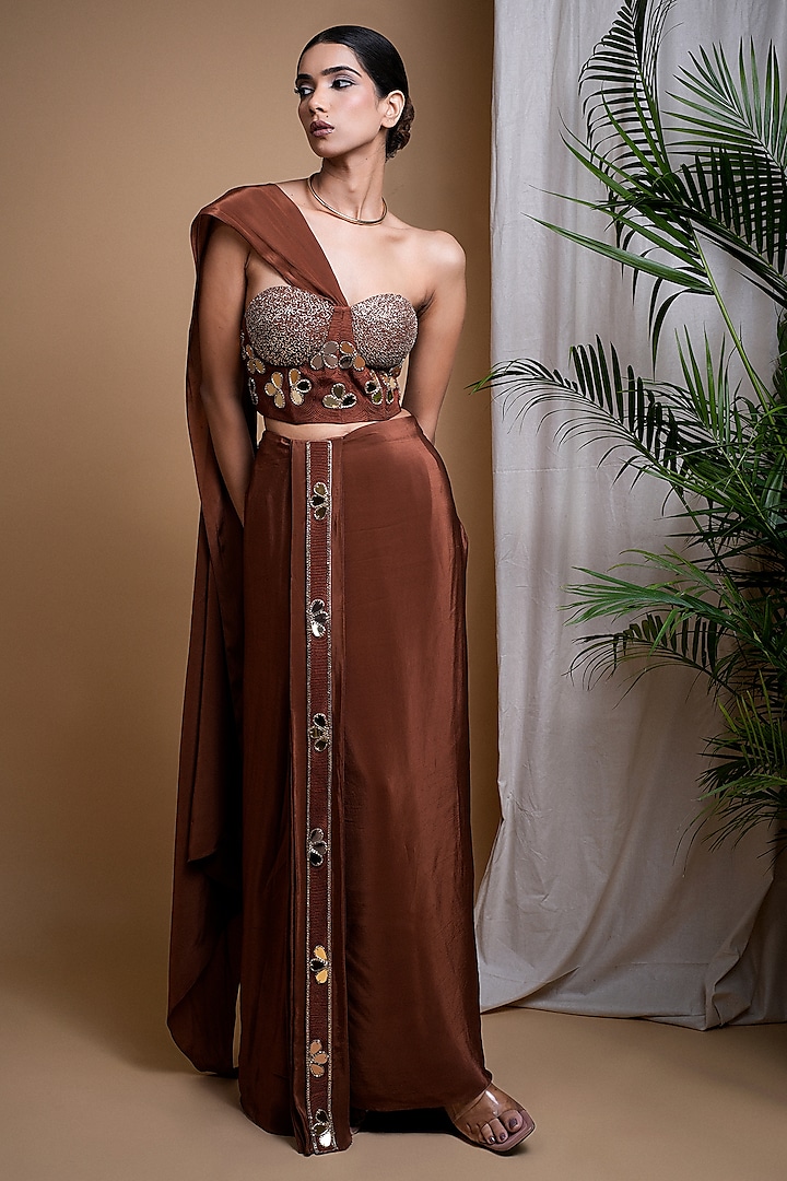 Rustic Brown Heavy Crepe Embroidered Pleated Skirt Set by AHI CLOTHING at Pernia's Pop Up Shop