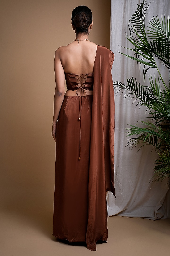Rustic Brown Heavy Crepe Embroidered Pleated Skirt Set by AHI CLOTHING at Pernia's Pop Up Shop
