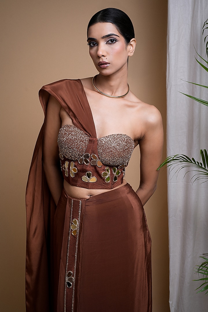 Rustic Brown Heavy Crepe Embroidered Pleated Skirt Set by AHI CLOTHING at Pernia's Pop Up Shop