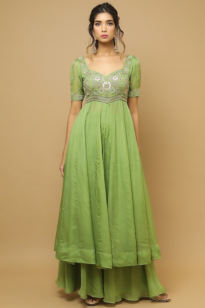 Parrot Green Embellished Kurta Set by AHI CLOTHING