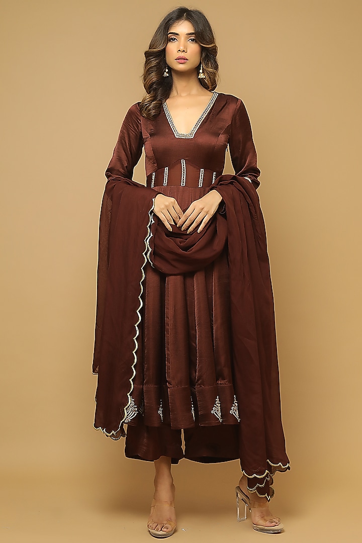 Brown Embellished Anarkali Set by AHI CLOTHING