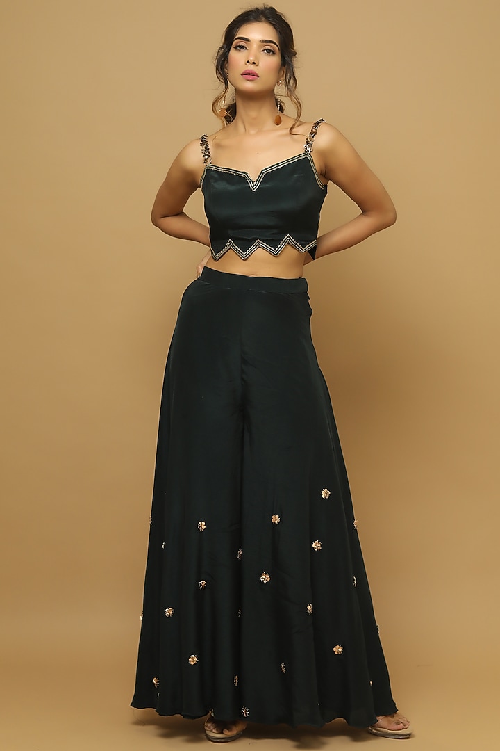 Bottle Green Heavy Crepe Cutdana & Zardosi Palazzo Pant Set by AHI CLOTHING at Pernia's Pop Up Shop