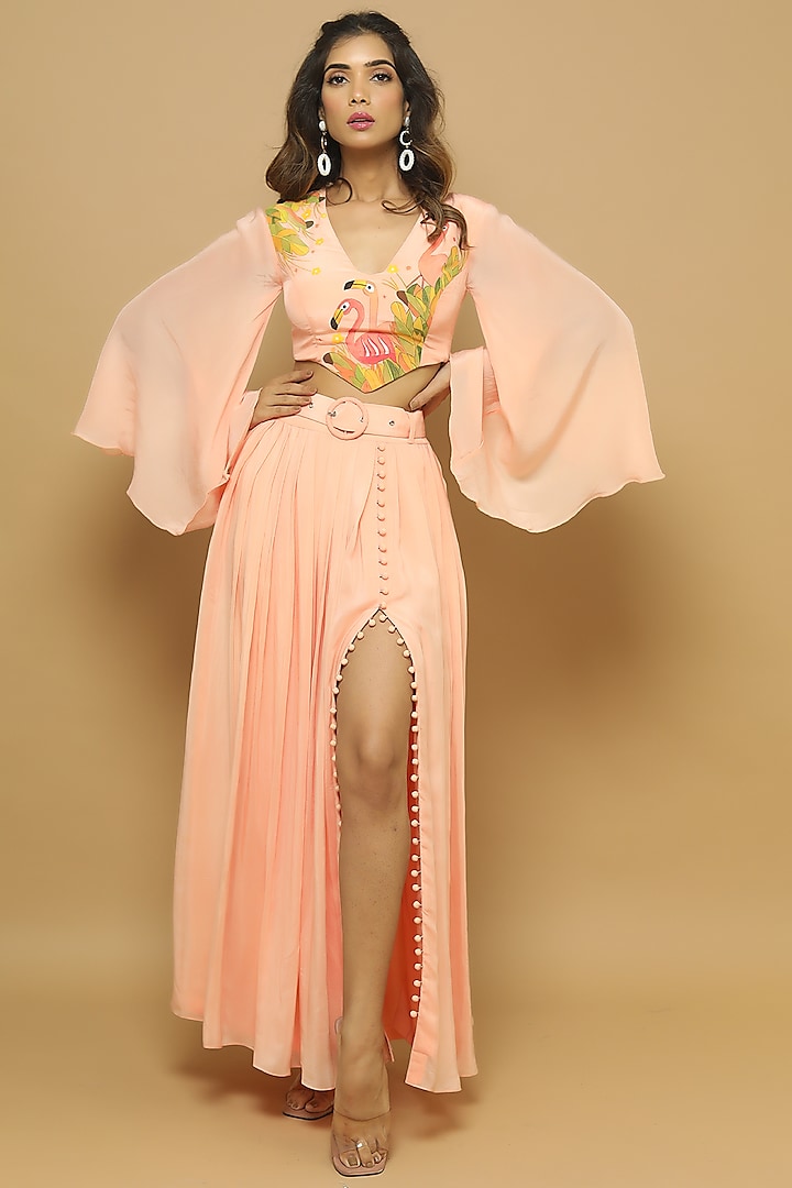 Peach Heavy Crepe Skirt Set by AHI CLOTHING