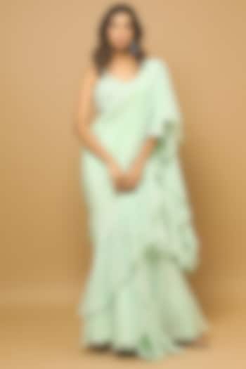 Green Organza & Heavy Crepe Ruffled Saree Set by AHI CLOTHING