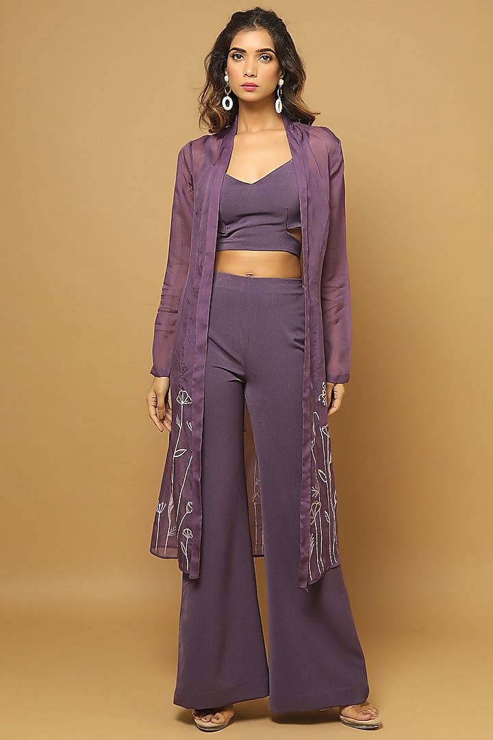 Purple Crepe Palazzo Pant Set by AHI CLOTHING