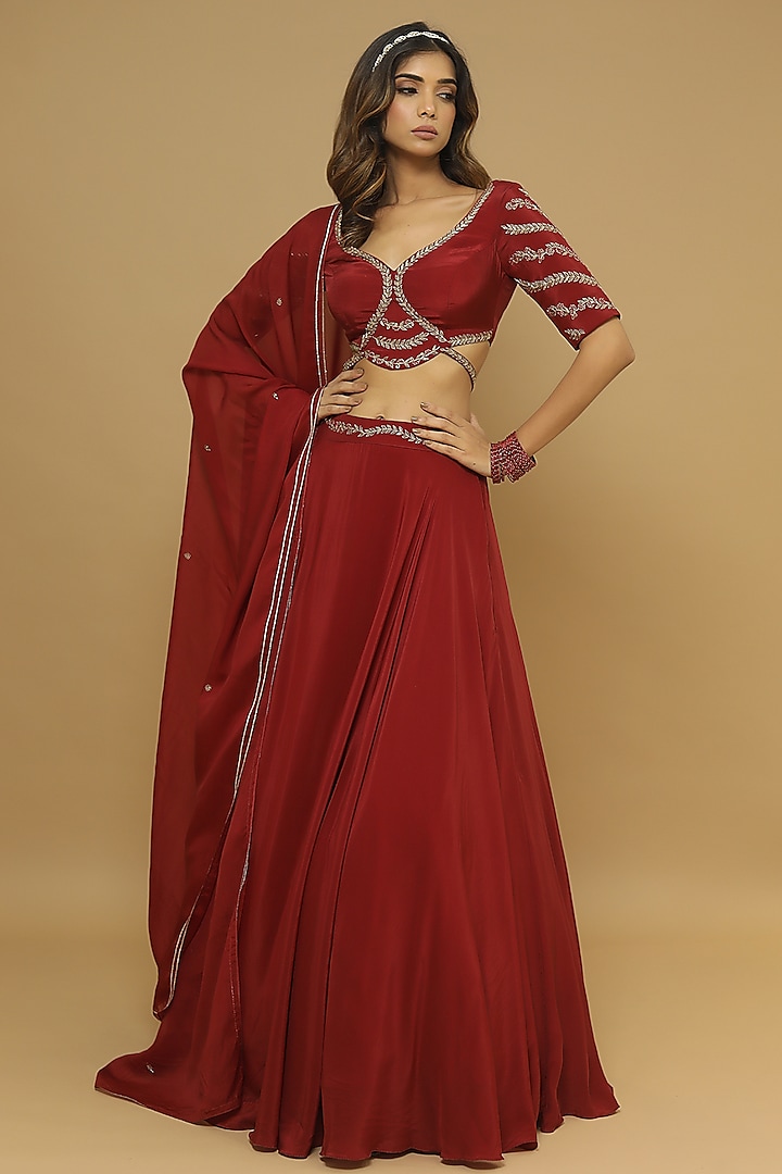 Maroon Crepe Bridal Wear Lehenga for Rent main image 0
