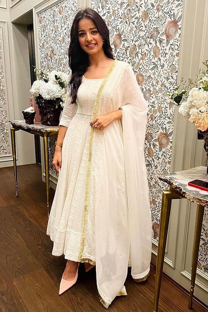 White Embellished Anarkali Set by AHI CLOTHING