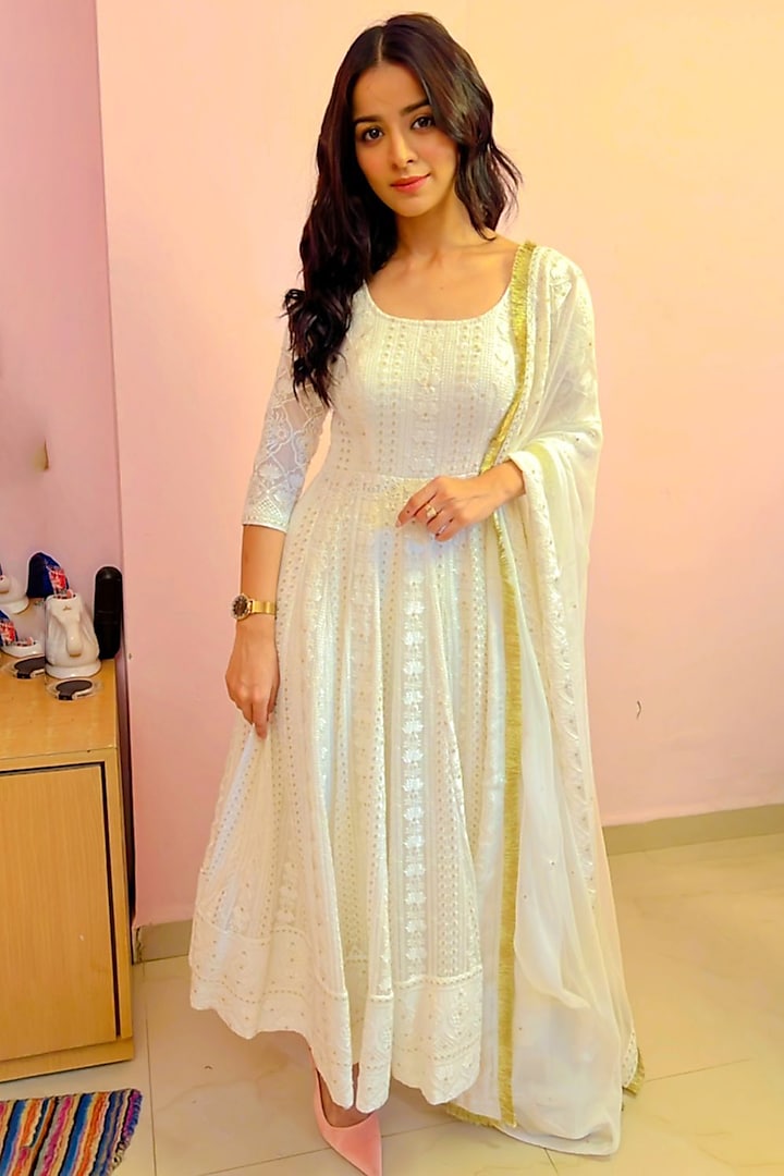 White Embellished Wedding Anarkali Set by AHI CLOTHING at Pernia's Pop Up Shop