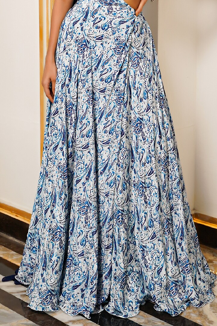 Blue Heavy Crepe Printed & Embroidered Maxi Cocktail Dress by AHI CLOTHING at Pernia's Pop Up Shop