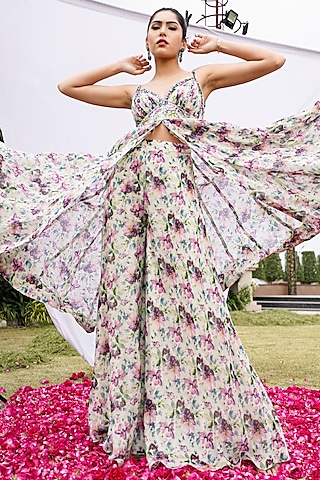 White Heavy Organza Printed & Embroidered Anarkali Set by AHI CLOTHING