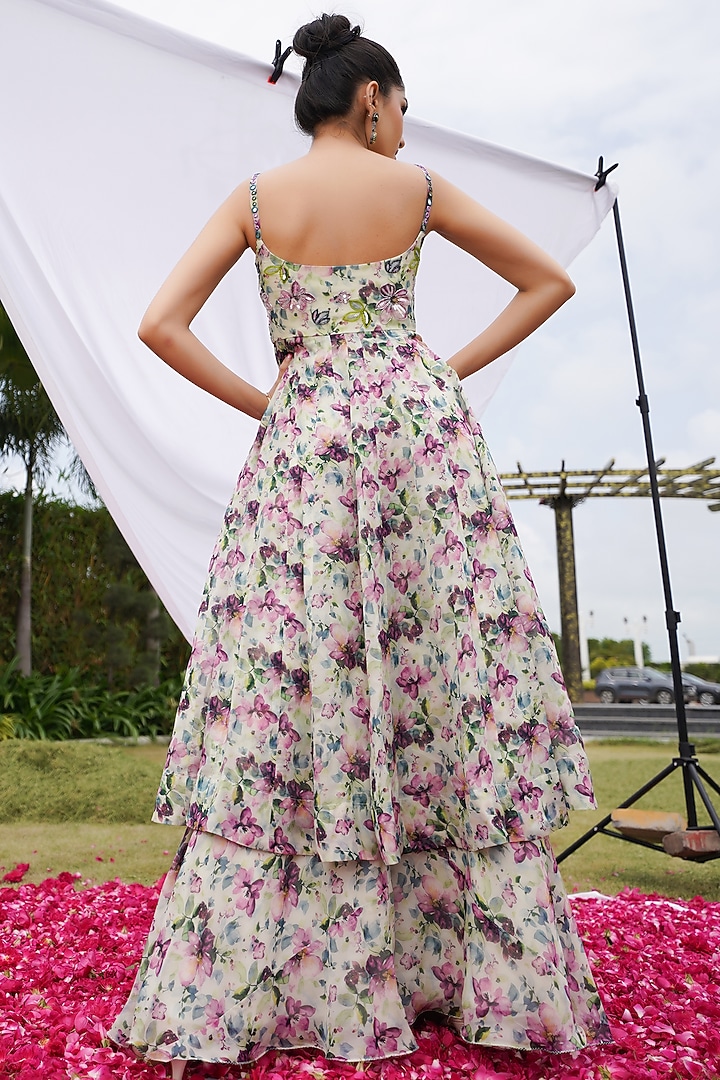 White Heavy Organza Printed & Embroidered Wedding Anarkali Set by AHI CLOTHING at Pernia's Pop Up Shop
