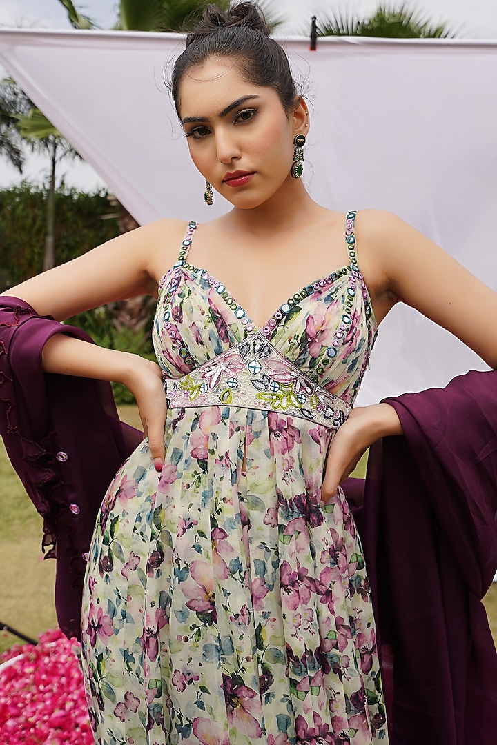 White Heavy Organza Printed & Embroidered Wedding Anarkali Set by AHI CLOTHING at Pernia's Pop Up Shop