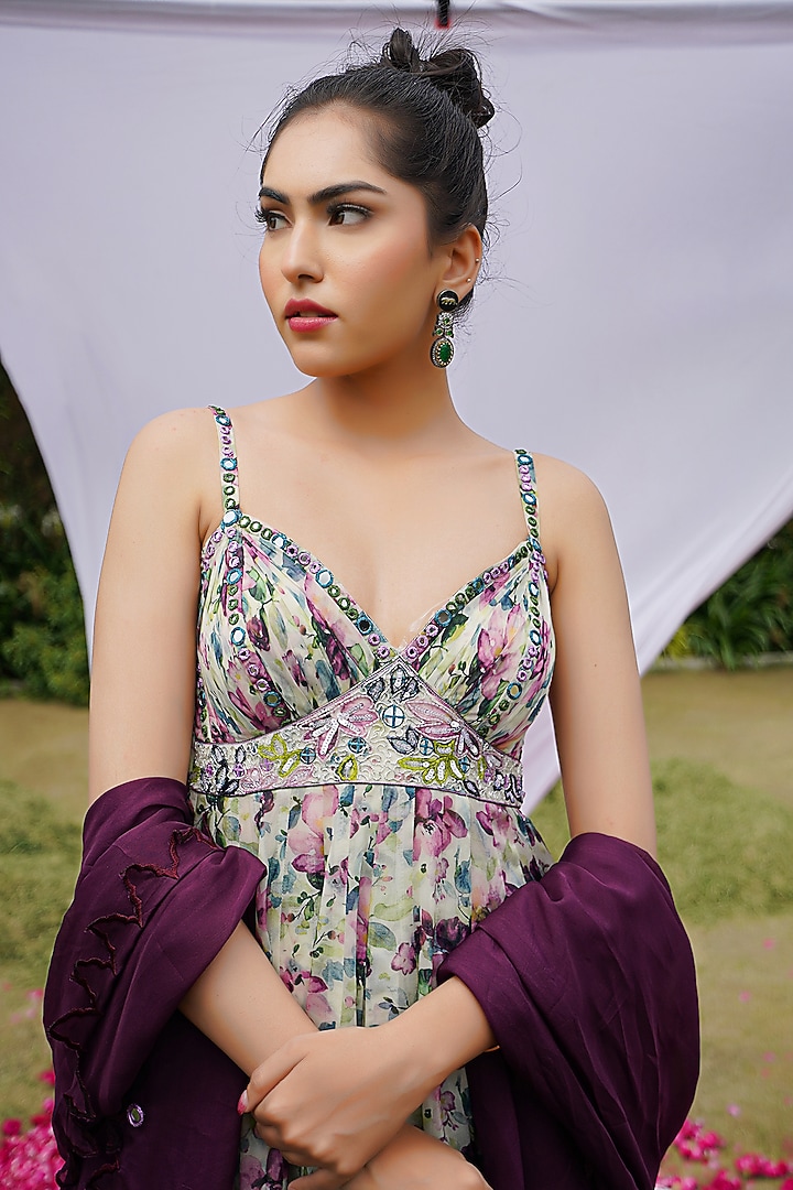 White Heavy Organza Printed & Embroidered Wedding Anarkali Set by AHI CLOTHING at Pernia's Pop Up Shop