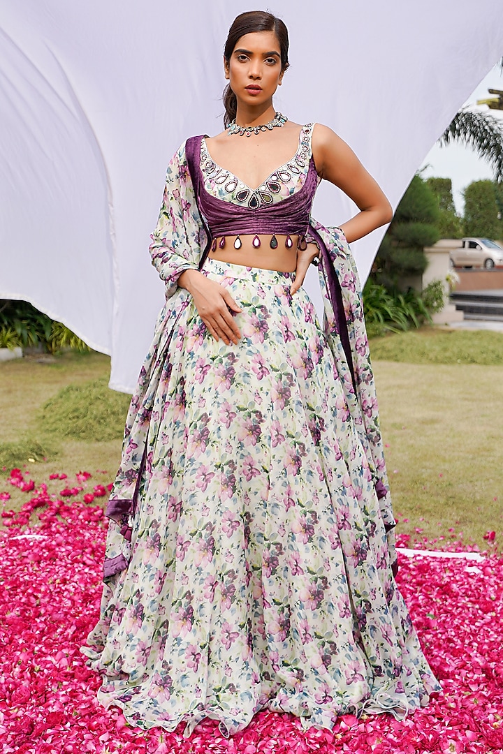 White Heavy Organza Printed Wedding Lehenga Set by AHI CLOTHING at Pernia's Pop Up Shop
