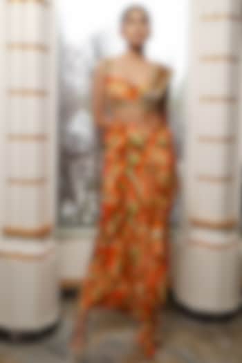 Orange Heavy Crepe Printed Draped Skirt Set by AHI CLOTHING at Pernia's Pop Up Shop