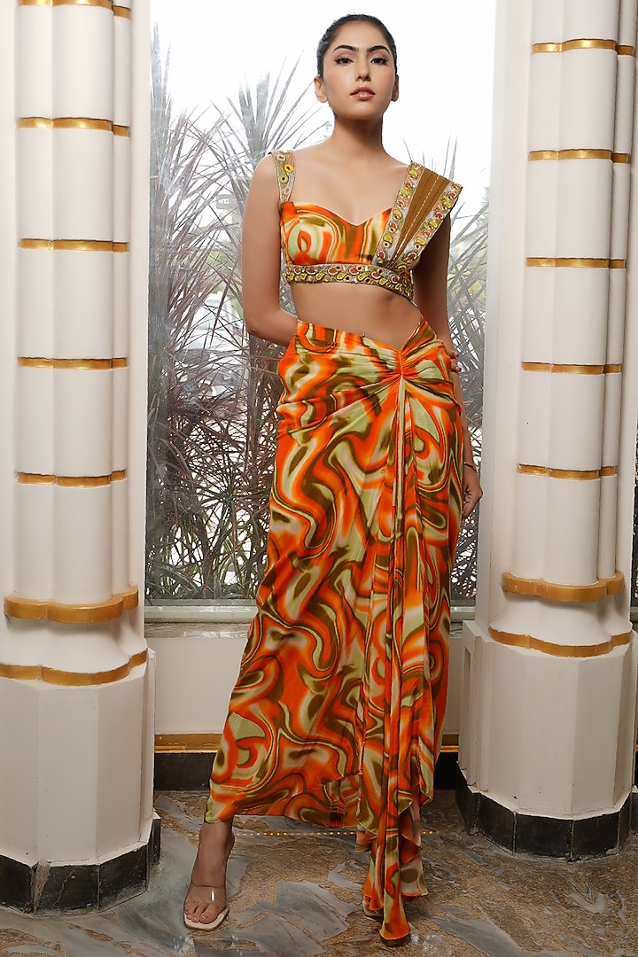 Orange Heavy Crepe Printed Draped Skirt Set by AHI CLOTHING at Pernia's Pop Up Shop