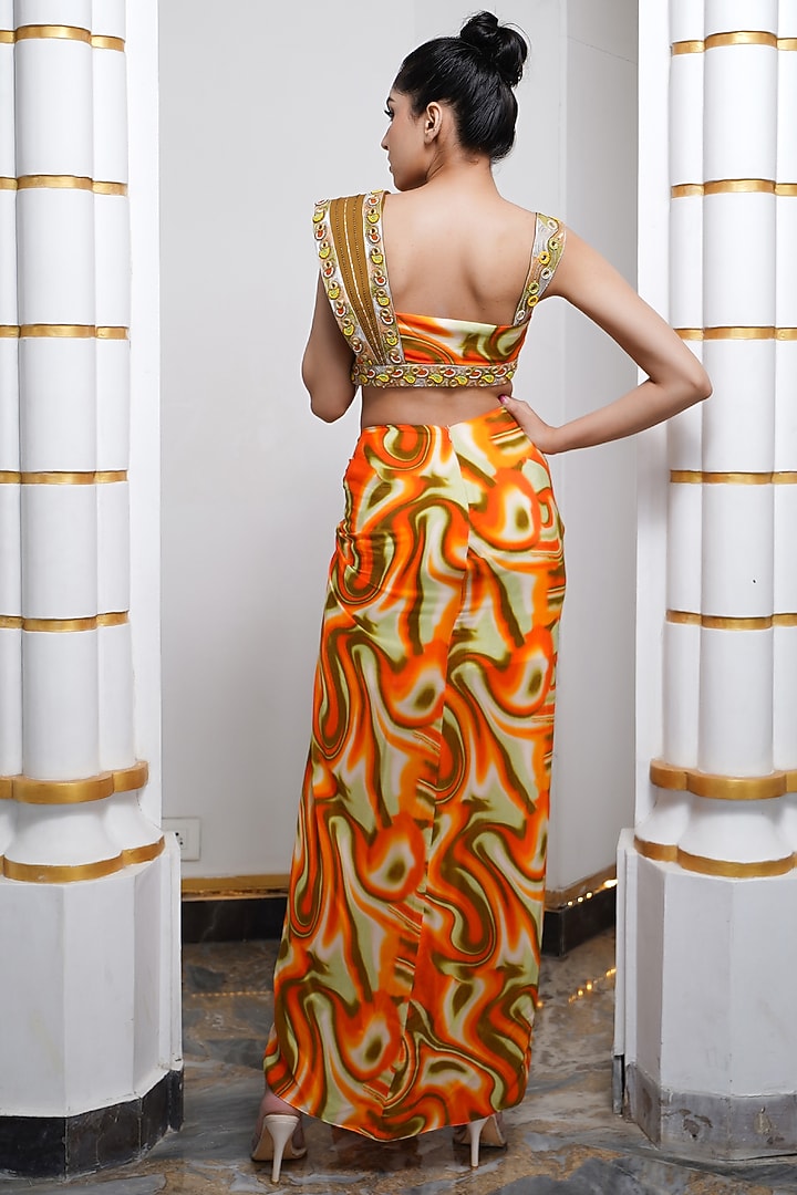 Orange Heavy Crepe Printed Draped Skirt Set by AHI CLOTHING at Pernia's Pop Up Shop