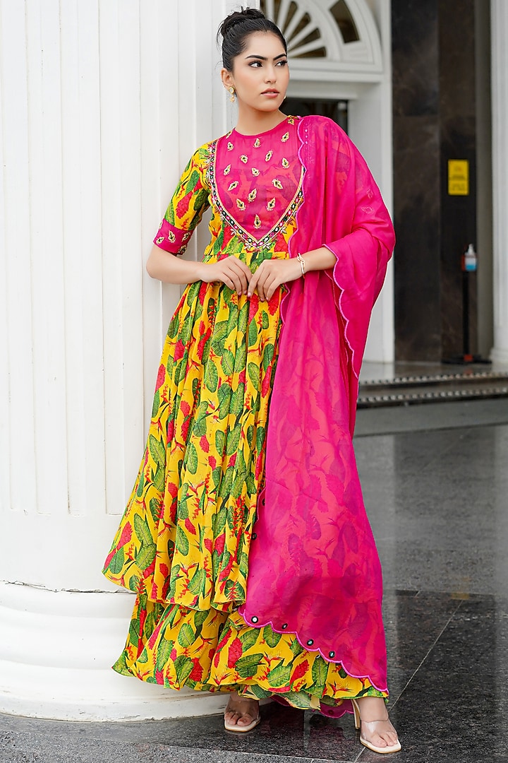 Multi-Colored Heavy Crepe & Organza Printed Anarkali Set by AHI CLOTHING