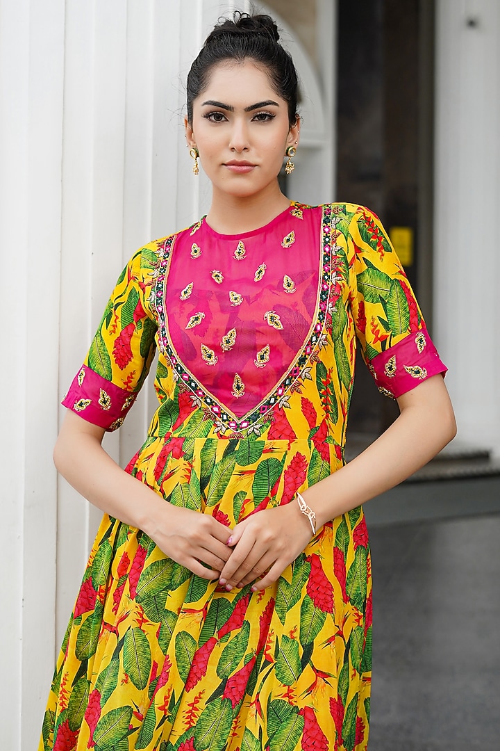 Multi-Colored Heavy Crepe & Organza Printed Wedding Anarkali Set by AHI CLOTHING at Pernia's Pop Up Shop