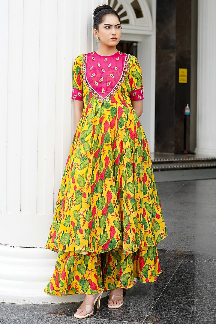 Multi-Colored Heavy Crepe & Organza Printed Wedding Anarkali Set by AHI CLOTHING at Pernia's Pop Up Shop