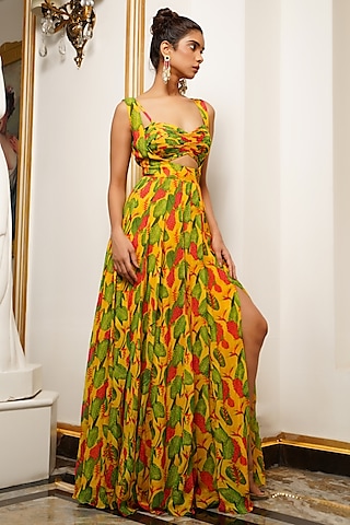 Multi-Colored Shimmer Lycra Printed Maxi Dress by AHI CLOTHING