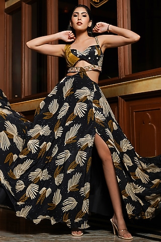 Black Heavy Crepe Printed & Embroidered Maxi Dress by AHI CLOTHING