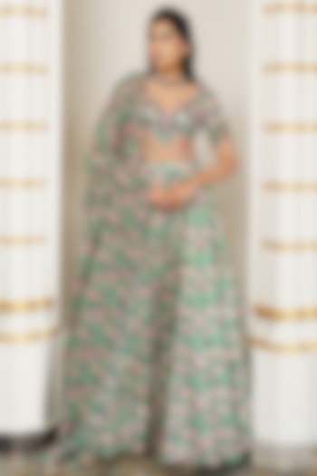 Green Heavy Georgette Printed & Embroidered Kali Wedding Lehenga Set by AHI CLOTHING at Pernia's Pop Up Shop