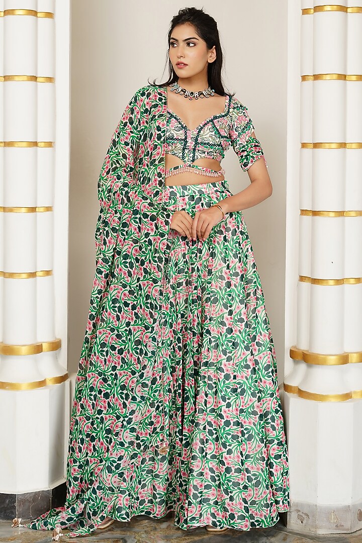 Green Heavy Georgette Printed & Embroidered Kali Wedding Lehenga Set by AHI CLOTHING at Pernia's Pop Up Shop