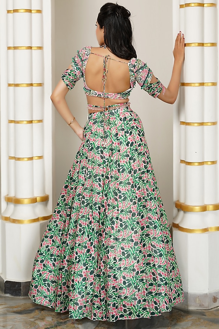 Green Heavy Georgette Printed & Embroidered Kali Wedding Lehenga Set by AHI CLOTHING at Pernia's Pop Up Shop